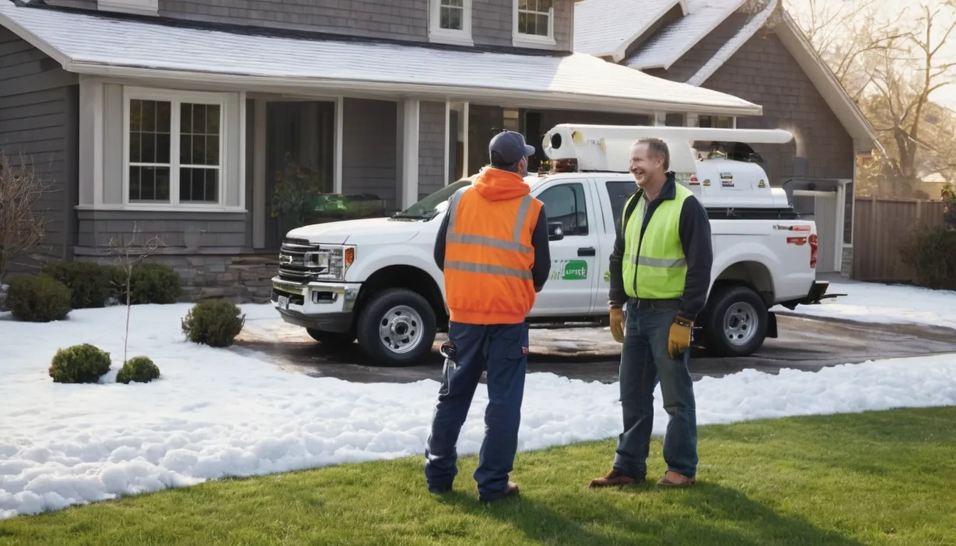 A friendly local provider talking with a homeowner beside a septic tank access lid in Tinton Falls