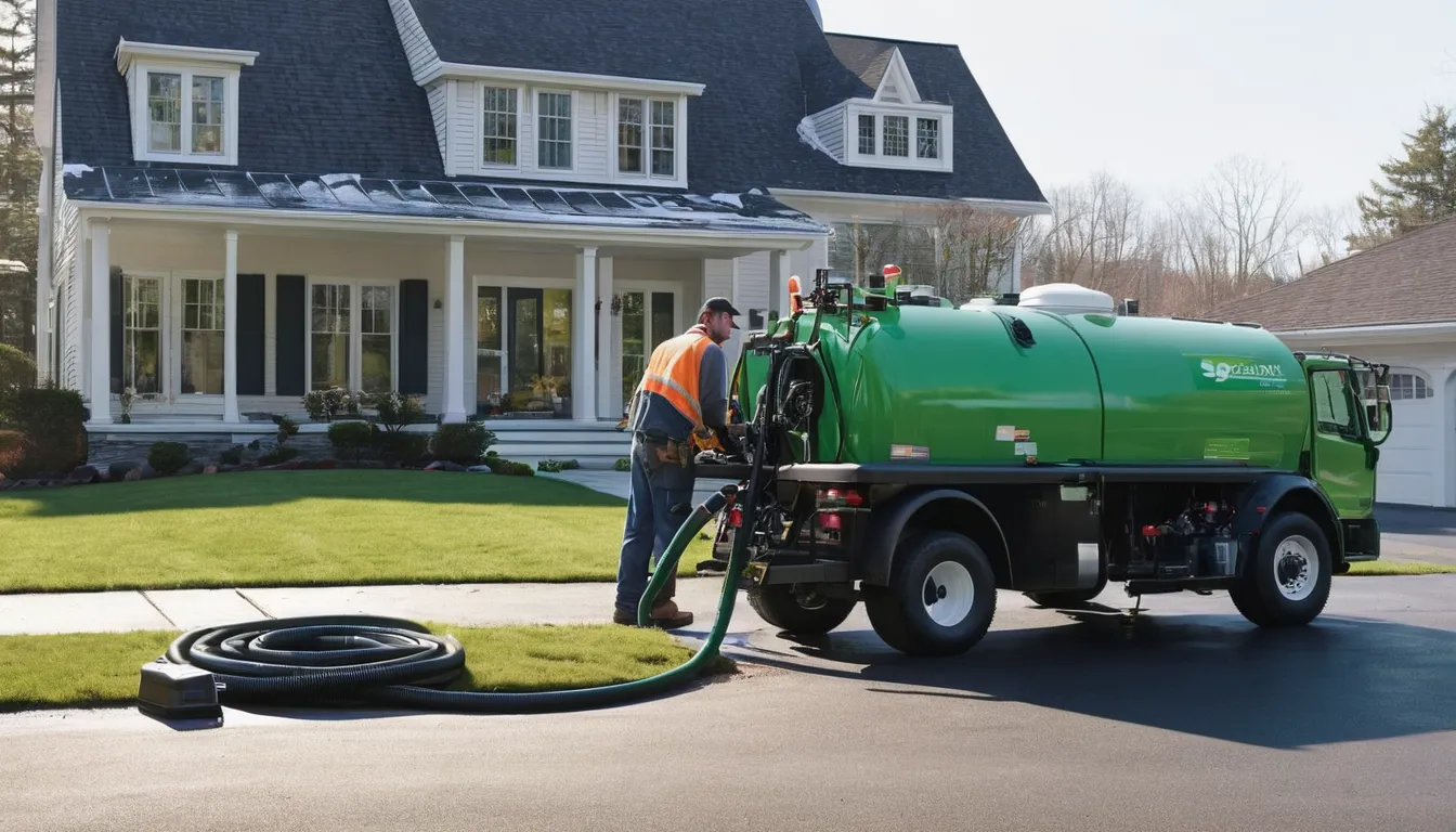 Friendly septic provider and homeowner talking beside a pumping truck outside a house in Tinton Falls